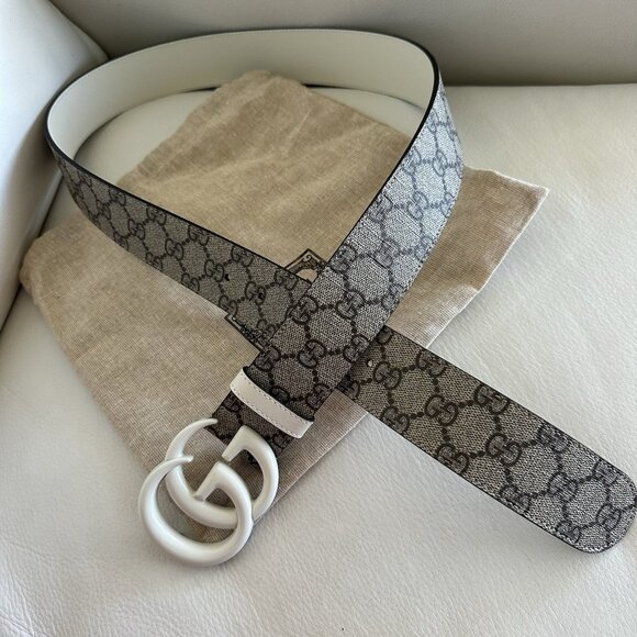 NEW Gucci Beige/White GG Supreme Canvas GG Marmont Buckle Belt 85 CM 34 IN